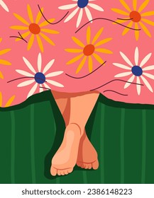 Morning routine poster. Legs under pink blanket with flowers. Comfort and coziness in bedroom. Trendy flyer or booklet. Abstract creativity and art. Cartoon flat vector illustration