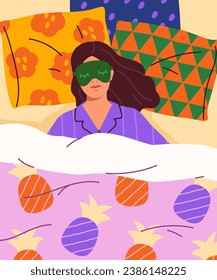 Morning routine poster. Woman in green face mask. Sleep and dream. Rest and relax, recuperation. Trendy flyer or booklet. Abstract creativity and art. Cartoon flat vector illustration