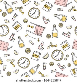 Morning routine seamless pattern including fitness, lemon water, shower, oatmeal, cosmetics and planning elements and icons. Woman self care concept. Vector illustration in a hand drawn style