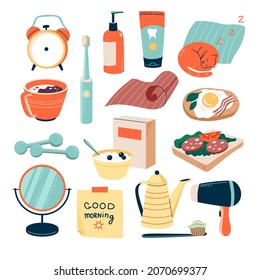 Morning routine set with alarm clock, toothpaste and toothbrushes, fitness stuff, breakfast etc. Vector collection of elements 