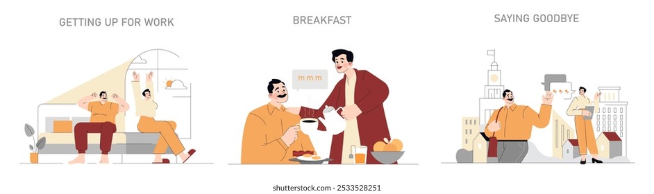 Conjunto de rutina matutina. El día de un carpintero comienza con despertarse, disfrutar del desayuno y despedirse de la familia. Rituales diarios simples antes del trabajo. Ilustración vectorial.