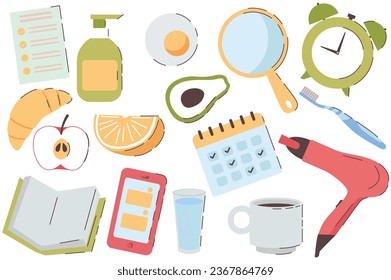 Morning routine set in cartoon design. The collection contains everything to spend the morning usefully: fruit, a book, an alarm clock, etc. Vector illustration.