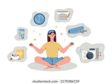 Juego de rutina matutina. Niña sentada en posición de loto, yoga. Comenzando el día de forma cómoda. La mujer toma cócteles refrescantes, pone goles y come avena con fruta. Dibujo vectorial plano de dibujos animados