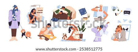 Morning routine set. People do daily activities: wake up early, eat, drink coffee, get shower, toothbrushing, do sport training and walk dog. Flat isolated vector illustrations on white background