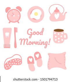 Morning routine set, morning time. Home textiles and breakfast icons