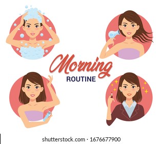 morning routine set of a woman, such as take a bath and washing hair, drying hair using a hair dryer, using deodorant, and wearing lipstick