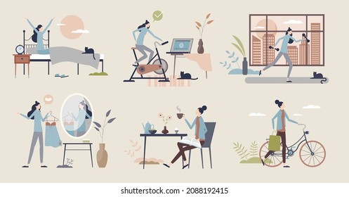 Morning routine steps and everyday activities tiny person collection set. Elements with waking up, exercise, dressing up, breakfast coffee or drive to work vector illustration. Habits and ritual items