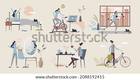 Morning routine steps and everyday activities tiny person collection set. Elements with waking up, exercise, dressing up, breakfast coffee or drive to work vector illustration. Habits and ritual items