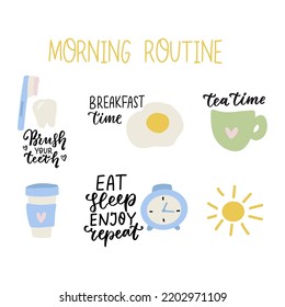 Morning routine stickers. Daily routine doodle. Cute cartoon vector breakfast icons for planning and motivation. Hand drawn flat printable stickers scrapbook for planner and bullet journal