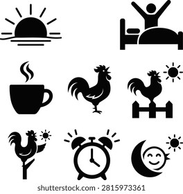 Morning routine symbols including a crowing rooster alarm clock and hot beverage signifying a new day's start. Useful for lifestyle or business concepts.