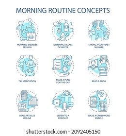 Morning routine turquoise concept icons set. Daily rituals for productivity. Healthy habits idea thin line color illustrations. Isolated outline drawings. Roboto-Medium, Myriad Pro-Bold fonts used