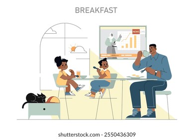 Ilustración vectorial de rutina matutina. Un constructor disfruta del desayuno con sus hijos, viendo las noticias antes de comenzar la jornada laboral. Ilustración vectorial.