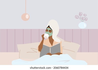 Morning routine vector illustration. Woman reed the book in the bad. Girl with fase mask. Coffee in the bed room. Bed room interior.  