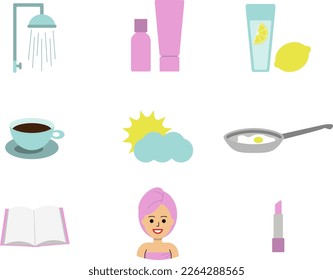 Morning routine, vector set. Morning habits. Shower, cosmetics, lemon water, coffee and breakfast, sun, book, girl with a towel on her head.