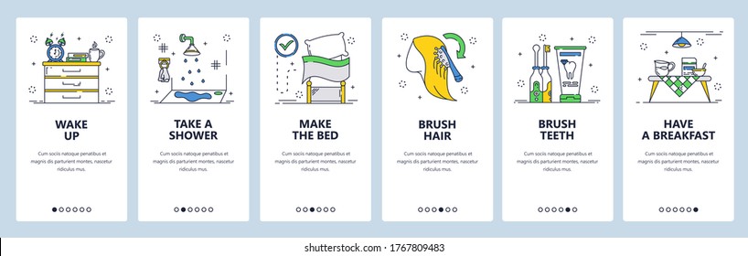 Morning routine website and mobile app onboarding screens. Menu banner vector template for web site and application development. Everyday morning habits wake up, take shower, brush teeth eat breakfast