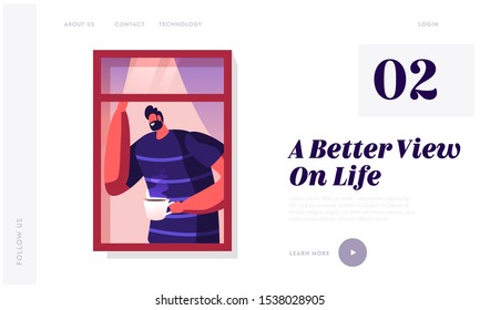 Morning Routine or Weekend Spare Time Website Landing Page. Smiling Bearded Man Looking Out of Open Window on Street with Cup of Tea or Coffee in Hand Web Page Banner. Cartoon Flat Vector Illustration