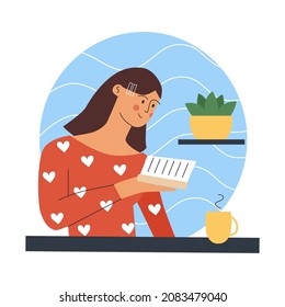 Morning routine. Woman reads a book in the morning. Vector illustration in cartoon style.