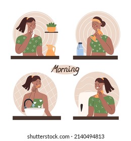 Morning routine. Women do different morning routines. Vector illustration.