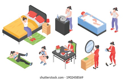 Morning routine women isometric set with bath and sports symbols isolated vector illustration