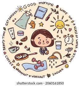 Morning routine. A young girl with cat and cute elements : a glass of water, shower, breakfast, beauty rituals and dress. Woman self care concept. Vector illustration in a hand drawn style.