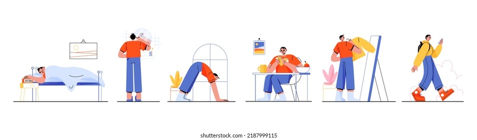 Morning routine of young man, flat character set. Male waking up, shaving, exercising, eating breakfast, dressing, walking outdoors with gadget in hand. Everyday life vector illustration on white