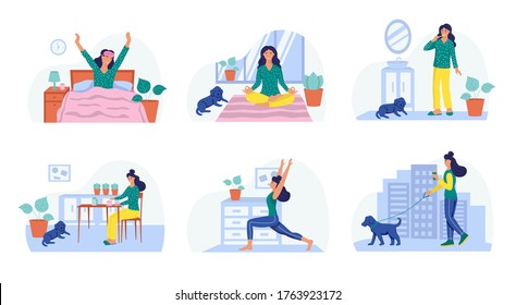 Morning routine, a young woman wakes up, meditates, brushes her teeth, has Breakfast, does yoga, walks the dog. The concept of daily life, everyday leisure and work activities. Vector illustration