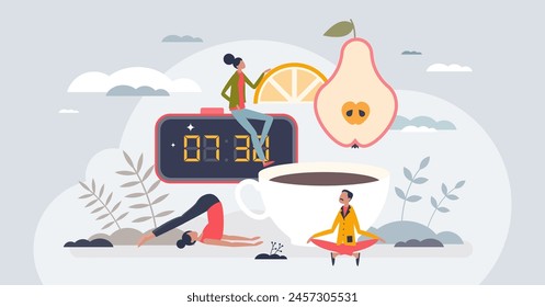 Morning routines as activities after waking up from sleep tiny person concept. Alarm clock, healthy breakfast, coffee drinking and morning yoga ritual for body and mind wellness vector illustration.