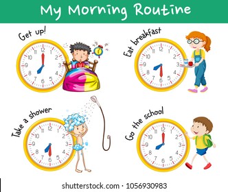 Morning routines with clocks and children illustration