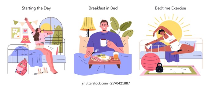 Morning routines illustrated through three scenes: waking up, enjoying breakfast in bed, and engaging in bedtime exercise. Highlights the balance of relaxation and fitness. Vector illustration.