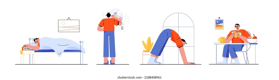 Morning routines of man after awaken. Vector flat illustration of person wake up in bedroom with alarm clock, clean teeth in bathroom, doing yoga and eating breakfast