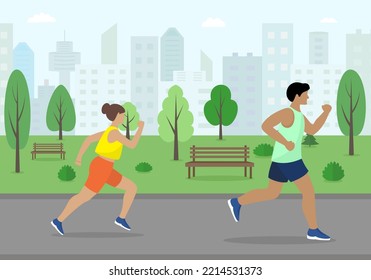 Morning run in the city. Man and Woman. Flat style. Vector illustration