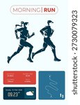 Morning run tracking interface with runners silhouettes. Modern fitness dashboard featuring route map, distance, pace, and calorie data on a clean glassmorphism background for healthy lifestyle. Sport