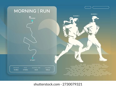 Morgenlauf-Tracking-Schnittstelle mit Läufern Silhouetten. Modernes Fitness-Dashboard mit Routenplan-, Distanz-, Tempo- und Kaloriendaten auf sauberem Glasmorphismus-Hintergrund für gesunden Lebensstil. Sport