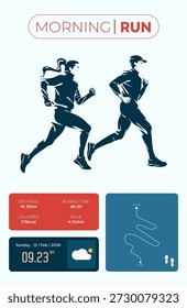 Morgenlauf-Tracking-Schnittstelle mit Läufern Silhouetten. Modernes Fitness-Dashboard mit Routenplan-, Distanz-, Tempo- und Kaloriendaten auf sauberem Glasmorphismus-Hintergrund für gesunden Lebensstil. Sport