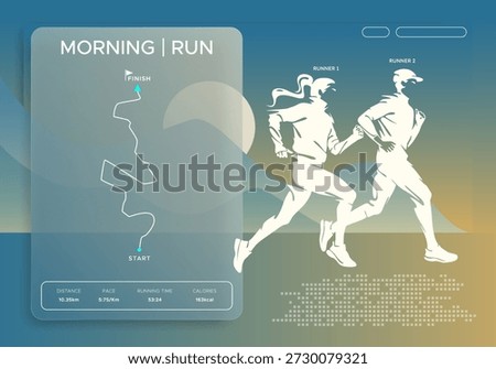 Morning run tracking interface with runners silhouettes. Modern fitness dashboard featuring route map, distance, pace, and calorie data on a clean glassmorphism background for healthy lifestyle. Sport