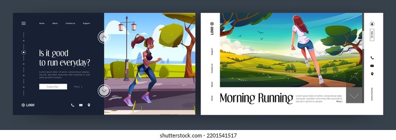 Morning running cartoon landing pages. Young girl jogging in city park and nature landscape. Sportswoman run, outdoor sports activity. Fit female character in headset exercising, Vector web banners