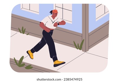 Morning running on city street. Runner jogging on sidewalk. Jogger training in town. People do sports, keep their body, health. Fit woman does exercises outdoor. Fitness flat vector illustration