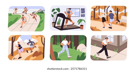 Morning running set. Active people do sport, jogging in gym and outdoors. Runners training for competitions. Joggers, athletes do cardio workout with treadmill or in park. Flat vector illustrations