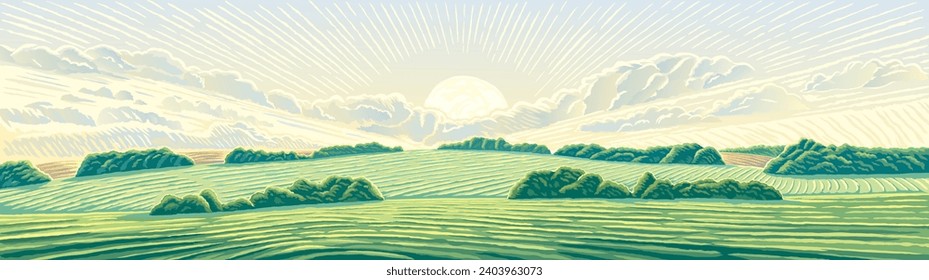 

Morning rural landscape with hills, an elongated format for the convenience of using it as a background.