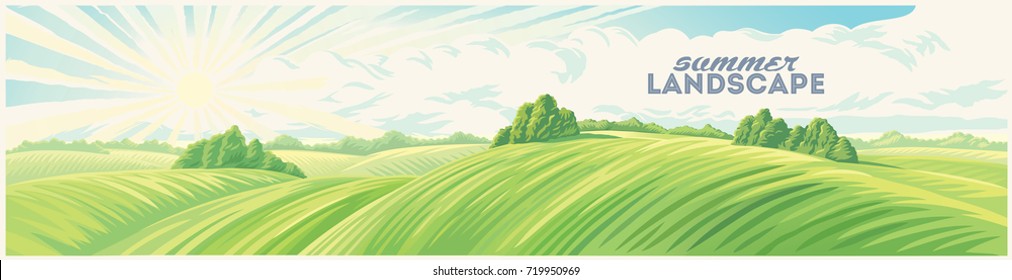 Morning rural landscape with hills, an elongated format for the convenience of using it as a background.