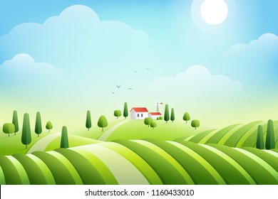 Morning rural landscape with house and fields. Vector illustration. Organic vineyards in hills