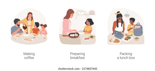 Morning Rush Isolated Cartoon Vector Illustration Set. Making Coffee, Family Members At Kitchen Table, Mom Serving Breakfast, Daily Routine, Preparing Meal, Packing A Lunch Box Vector Cartoon.