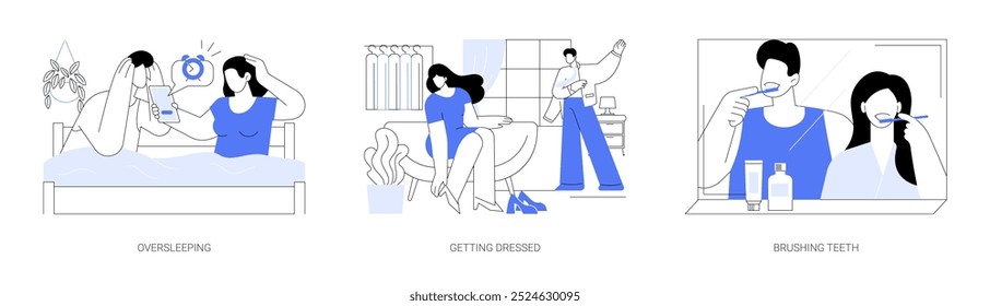 Morning rush isolated cartoon vector illustrations set. Shocked couple in bed holding smartphone, oversleeping problem, getting dressed in hurry, family brushing teeth, daily routine vector cartoon.