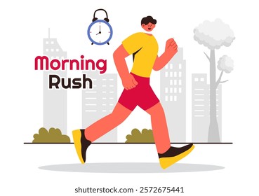Morning Rush Vector Illustration featuring People Rushing to Businesses, Morning City Life, Time Management, and the Urgency of Time Running Out