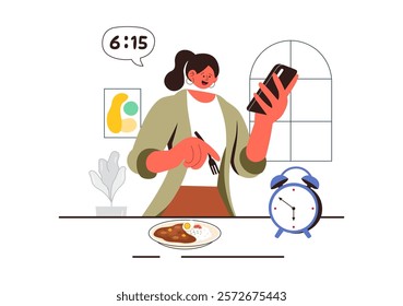 Morning Rush Vector Illustration featuring People Rushing to Businesses, Morning City Life, Time Management, and the Urgency of Time Running Out