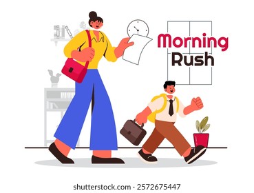 Morning Rush Vector Illustration featuring People Rushing to Businesses, Morning City Life, Time Management, and the Urgency of Time Running Out