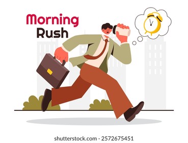 Morning Rush Vector Illustration featuring People Rushing to Businesses, Morning City Life, Time Management, and the Urgency of Time Running Out