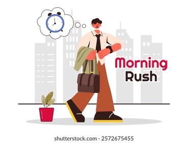 Morning Rush Vector Illustration featuring People Rushing to Businesses, Morning City Life, Time Management, and the Urgency of Time Running Out