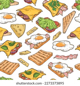 Morning sandwich seamless pattern colorful with bacon and egg on bread slice or cheese and vegetables for breakfast vector illustration