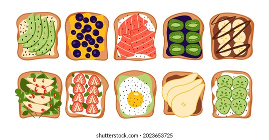 Morning sandwiches. Healthy food with toasted bread, fresh vegetables and sauces, eggs tomatoes salmon and avocado ingredients. Vector set svg